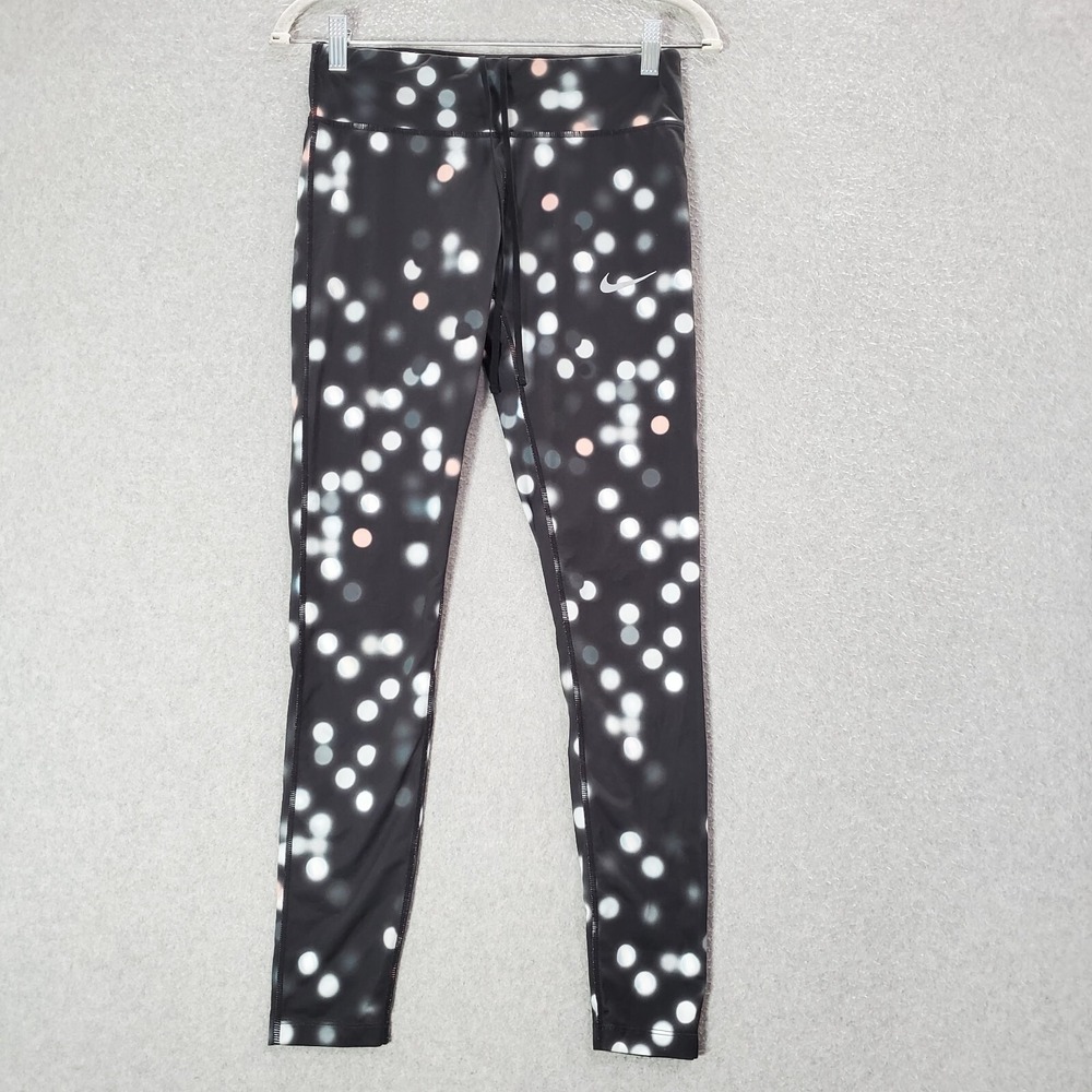 Nike Women Activewear Pants Medium Black Polka Dot Leggings‎ Logo Swoosh Dri Fit